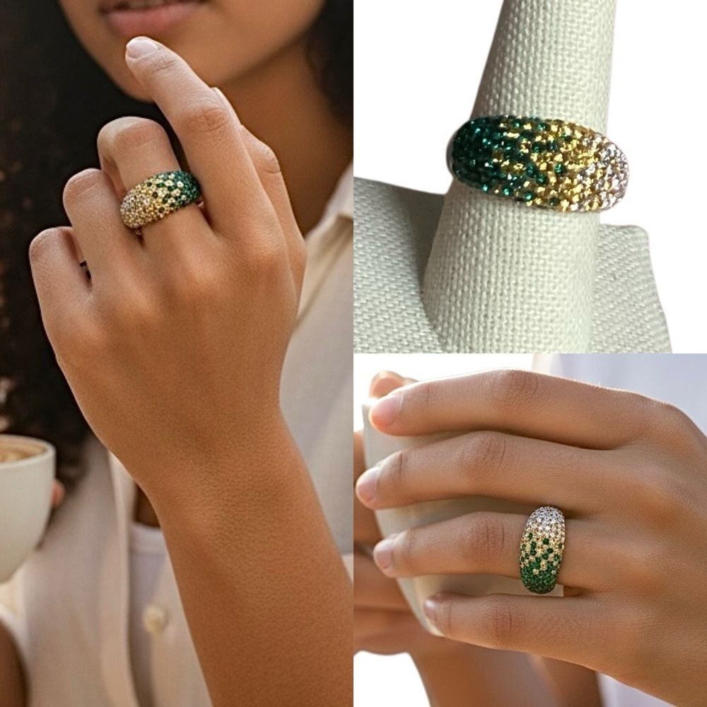 Green Tsavorites Golden Citrines & Crystals in Silver Tone Women's Ring Sz 8.75